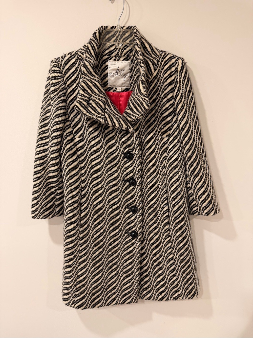 Milly of New York Textured Wool Black Ivory Zig Zag Pattern Coat Size 4 - Picture 4 of 15